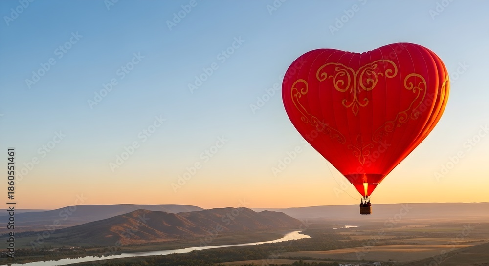 Fototapeta premium Red Heart Shaped Hot Air Balloon Flying Over River Valley at Sunset Sunrise