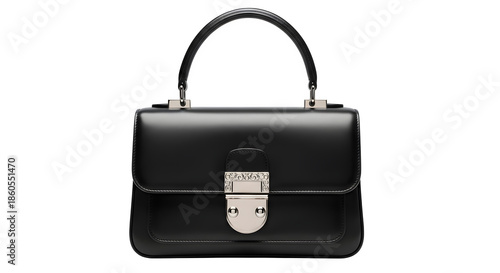 Black leather handbag isolated on transparent background