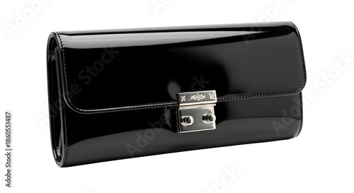 Black shiny clutch bag with silver clasp isolated on transparent background