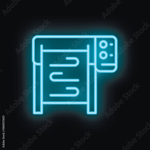 Neon icon of a plotter printing a large format document, for printing and engineering concepts