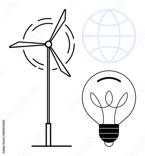 Renewable energy, eco-technology, sustainability, green energy, innovation, climate solutions. Line art of a wind turbine, light bulb globe. Renewable energy and eco-technology concept
