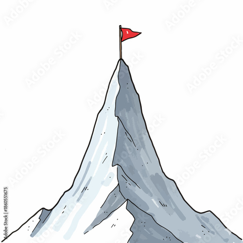 Vector illustration of a rocky mountain with a red flag on top.