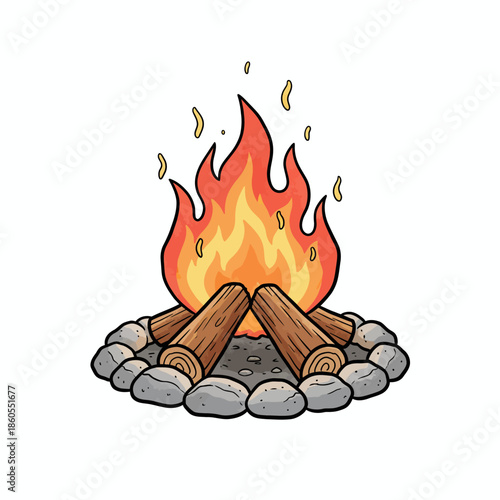 Vector illustration of a burning bonfire with firewood and surrounded by stones.