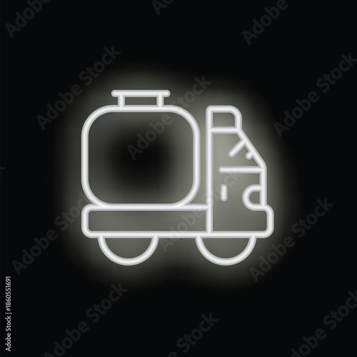 White glowing neon style icon of a tanker truck transporting fuel on a black background
