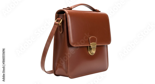 Brown leather messenger bag isolated on transparent background