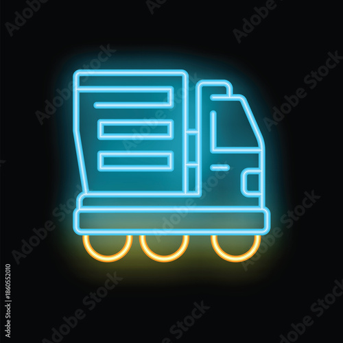 Glowing blue neon icon of a delivery truck shipping goods, representing transportation and logistics