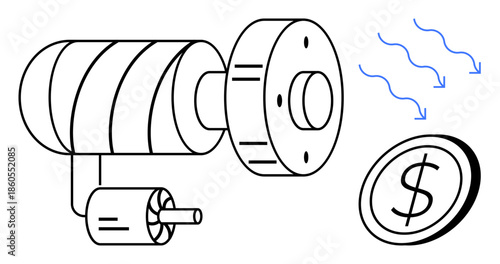 Renewable energy, cost savings, technology, energy-efficient systems, sustainability, innovation. A motor with an efficiency symbol and currency icon. Renewable energy and cost savings concept