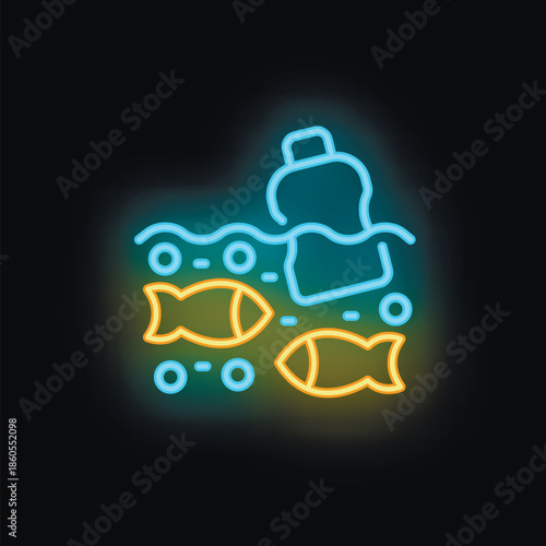 Neon sign representing ocean pollution with fish and plastic bottle, perfect for ecological projects