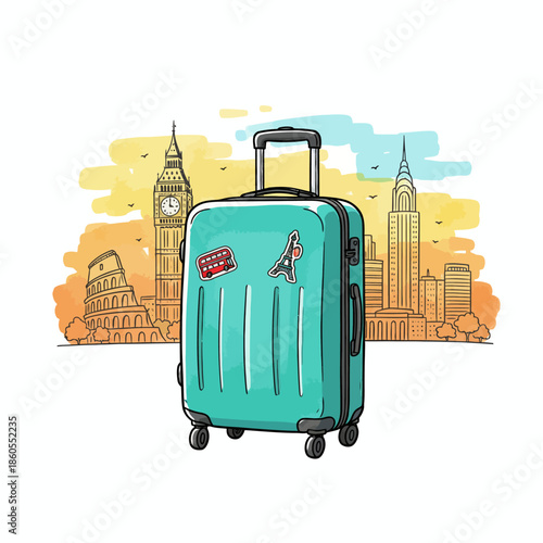 Vector illustration of a turquoise colored suitcase with world travel icons background.
