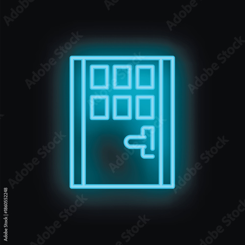 Blue neon sign depicting a door with a handle is glowing on a black background