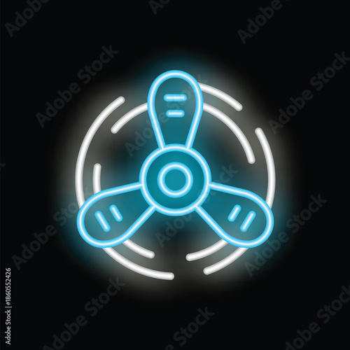 Glowing neon icon of a three blade fan spinning, with motion blur, on a black background