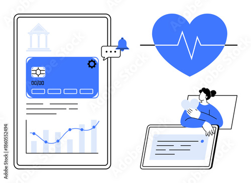 Health technology. Health technology illustrated with analytics, mobile medical tools, and patient monitoring. Health technology for telemedicine and digital healthcare tools. For innovation, medical