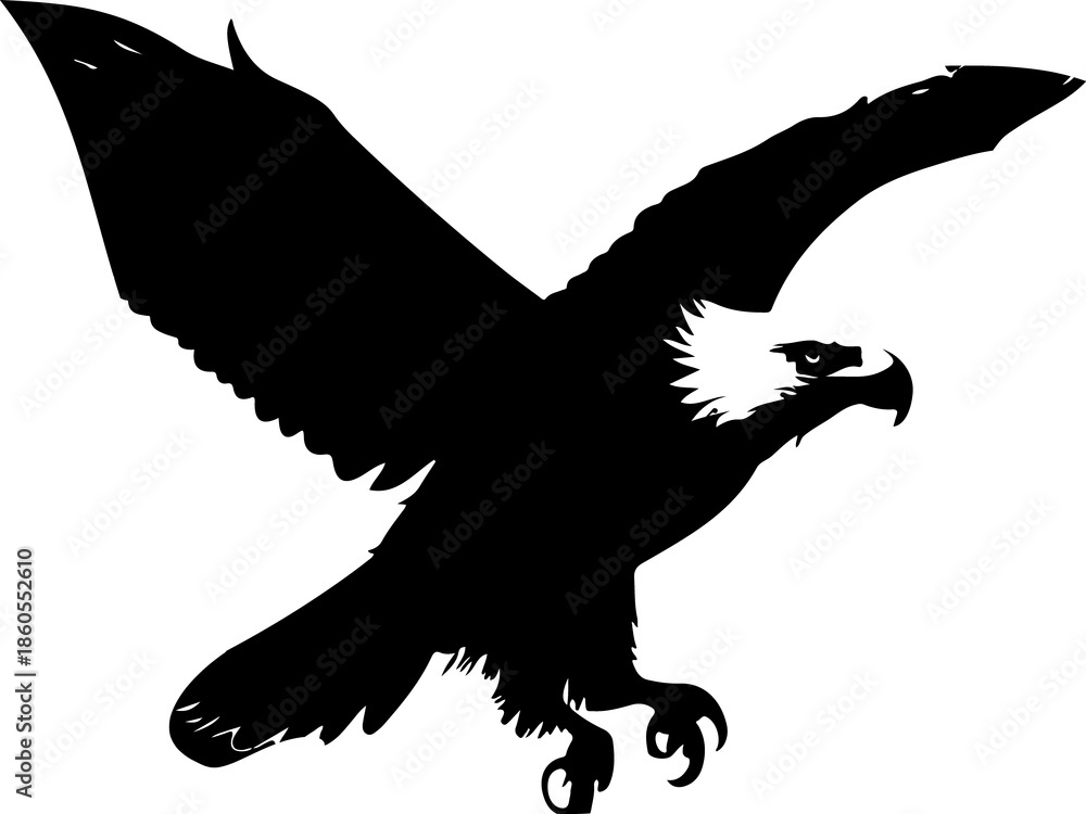 Obraz premium Profile silhouette bald eagle flying with talons out hunting raptor illustration majestic bird of prey in action flight wings spread wide against white background powerful predator bird vector art