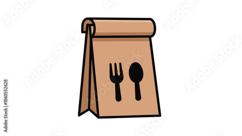 Brown paper bag with fork and spoon on table setting, Generative AI.
