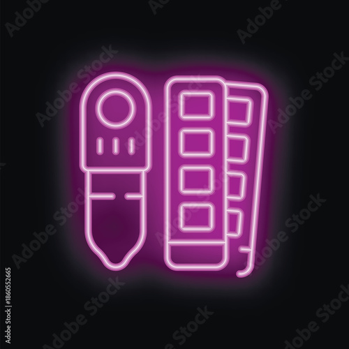 Glowing purple neon sign of a stylus pen and a graphic tablet is isolated on a black background