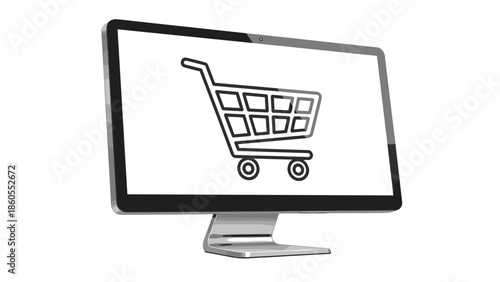 Modern computer monitor displaying shopping cart icon for online shopping, Generative AI.