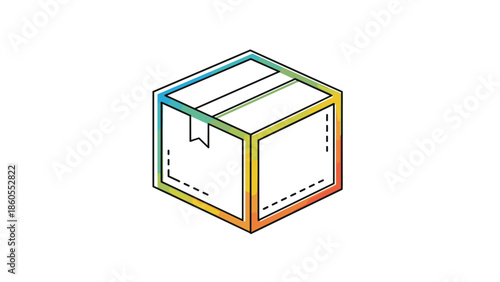 Rainbow colored cube with dashed lines and white background, Generative AI.