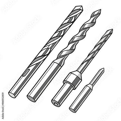 Isolated closeup of a metal tool set including drill bits and screwdrivers with steel bits on a white background for industrial construction work