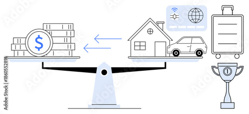 Financial balance concept. Financial visualization exploring value distribution between money, assets, and lifestyle. Financial tools aiding choice and investment balance. For finance, wealth