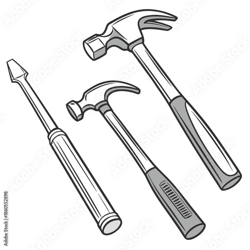 A professional steel claw hammer and iron nails isolated on white for construction, carpentry work, and industrial home improvement projects