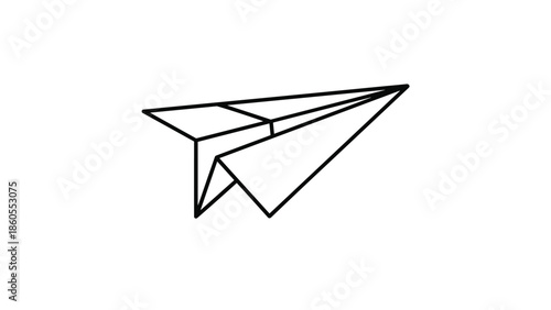 Simple black paper airplane flying through clean white space, Generative AI.