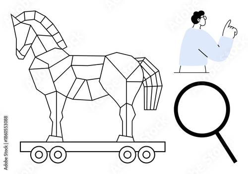 Geometric-mounted Trojan horse, curious man pointing up, and large magnifying glass. Ideal for security, deception, analysis, digital risks, exploration ideas and scrutiny. A simple flat metaphor