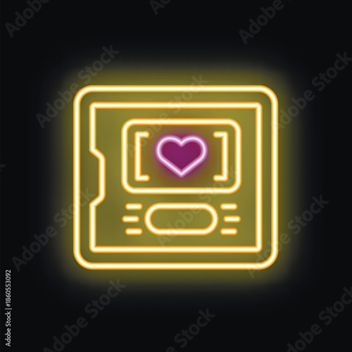 Yellow neon icon of a mobile phone with a bright purple heart displayed on the screen, evoking online dating apps