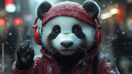 Panda bear in winter wear