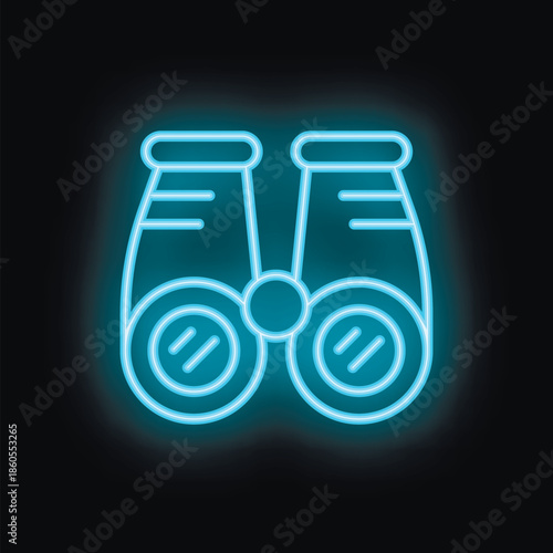 Bright blue neon icon of binoculars glowing on a dark background, representing concepts such as vision, exploration, and discovery