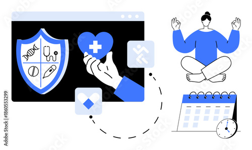 Health apps, digital wellness, self-care planning, online healthcare, meditation practice, daily routines. Image includes shield, heart yoga figure and calendar. Health apps and digital wellness