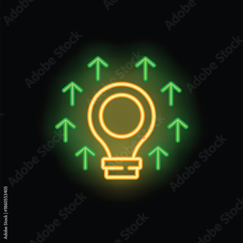Neon lightbulb with green arrows pointing up representing a concept of growing idea