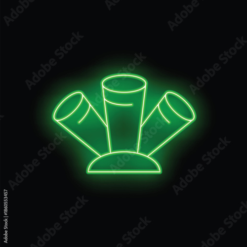 Green neon sign showing three empty shot glasses standing on a bar, with copy space