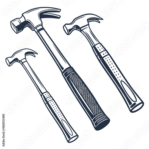 An isolated steel hammer and nails construction tool set for carpentry work and home improvement repairs, featuring a metal industrial handle design on a white background