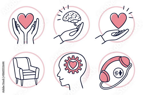 Set of vector icons for Easter and Valentine design featuring red heart symbols and romantic pink hand art illustrations for a wedding card concept