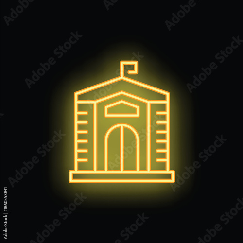 Glowing neon icon of a school building with a flag on top