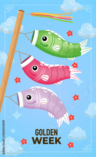 Koinobori carp streamers, green, pink, and purple, flying on a pole against a blue sky with clouds and flowers, celebrating Golden Week.