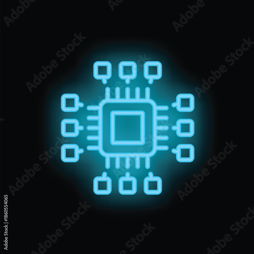 Neon cpu microchip icon glowing on dark background representing modern computing power