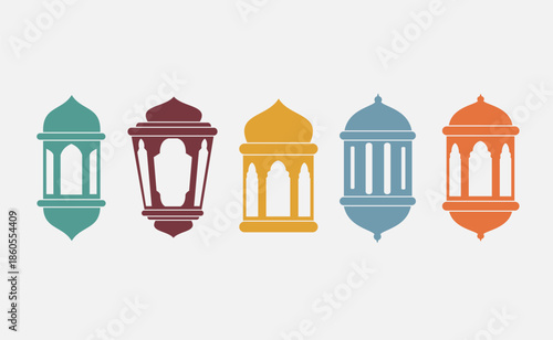  Islamic Colorful Lantern Vector Illustration for Ramadan Kareem and Eid Mubarak, Arabic Lamp Ornament Set, Flat Editable Design Background