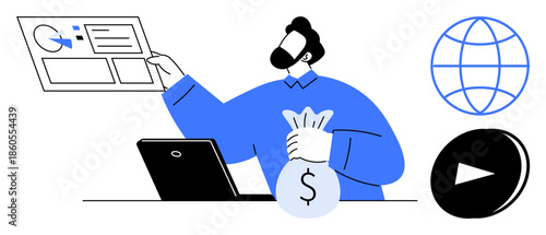 Business strategy, online transactions, banking, financial analysis, technology, data management. Person with money bag near laptop, digital data chart and web icons. Business strategy and financial