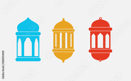  Islamic Arabic Lantern Colorful Vector Collection for Ramadan and Eid Mubarak, Hanging Lamp Ornament, Flat Editable Illustration Set