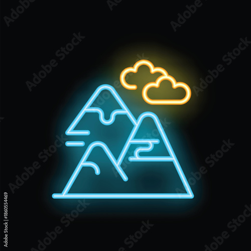 Neon sign illustrating a mountain range with snowy peaks and clouds, glowing on a dark background
