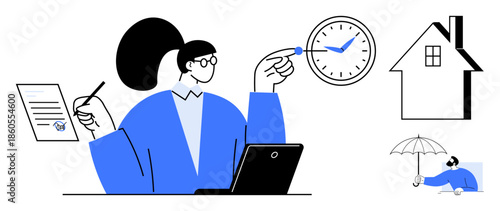 Time management, financial planning, home ownership, business strategy, work-life balance, insurance services. Woman with laptop pointing to a clock, document house illustration. Time management