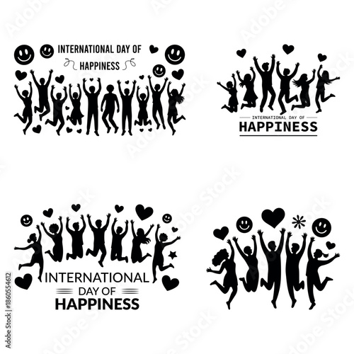 Black Color International Day of Happiness Celebration Vector  Illustration, Solid White Background