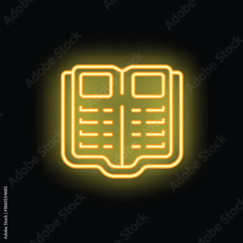 Yellow neon open book glowing on a black background, concept of learning or knowledge