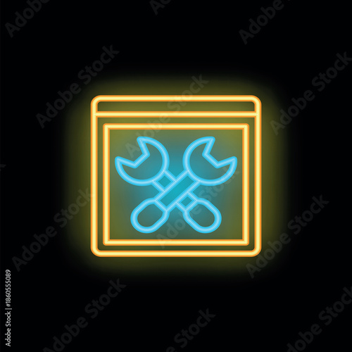 Neon sign of crossed wrenches displayed on a website, symbolizing website maintenance, customization, or settings