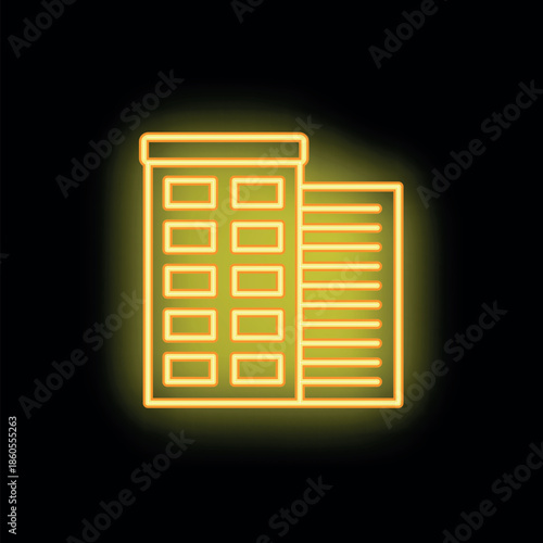 Neon yellow glowing office building on a black background representing the concept of work and business