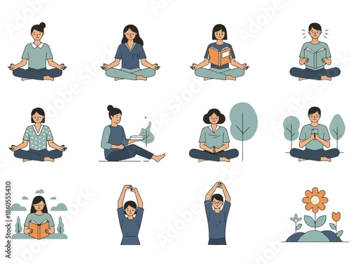 Meditating People Set Mindfulness Exercises Collection Calmness and Relaxation Icons