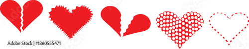 Collection of six red heart icons with varying designs and states of completeness on a white background 