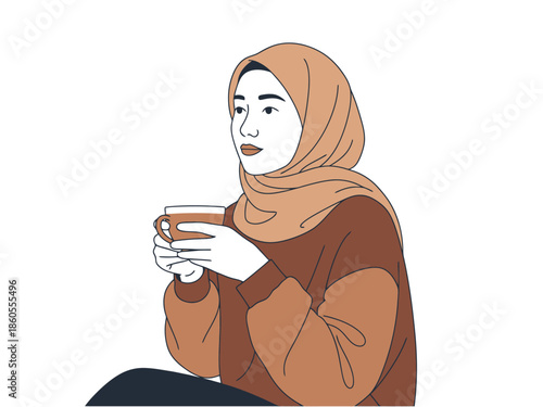 Woman in Hijab Holding a Cup with Warm Beverage Minimalist Line Art Style