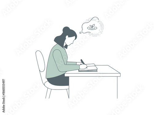 Person writing at desk contemplating new ideas and growth